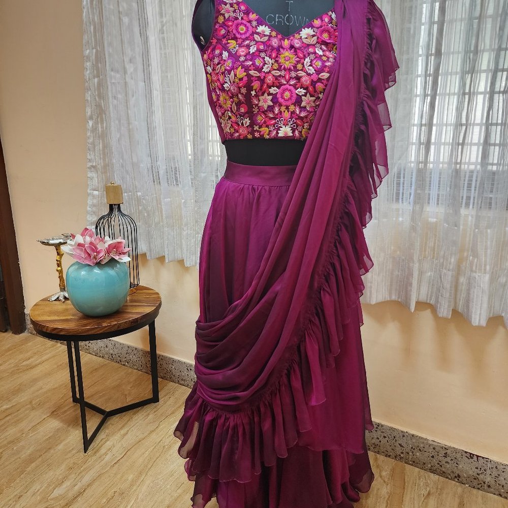 Majenta geo silk ruffled Lehanga - Picture 1 of 4